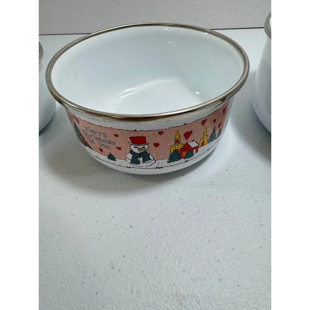 VTG 5*Christmas Enamel Nesting Bowls Set Santa Snowman Reindeer Bear‎ collection